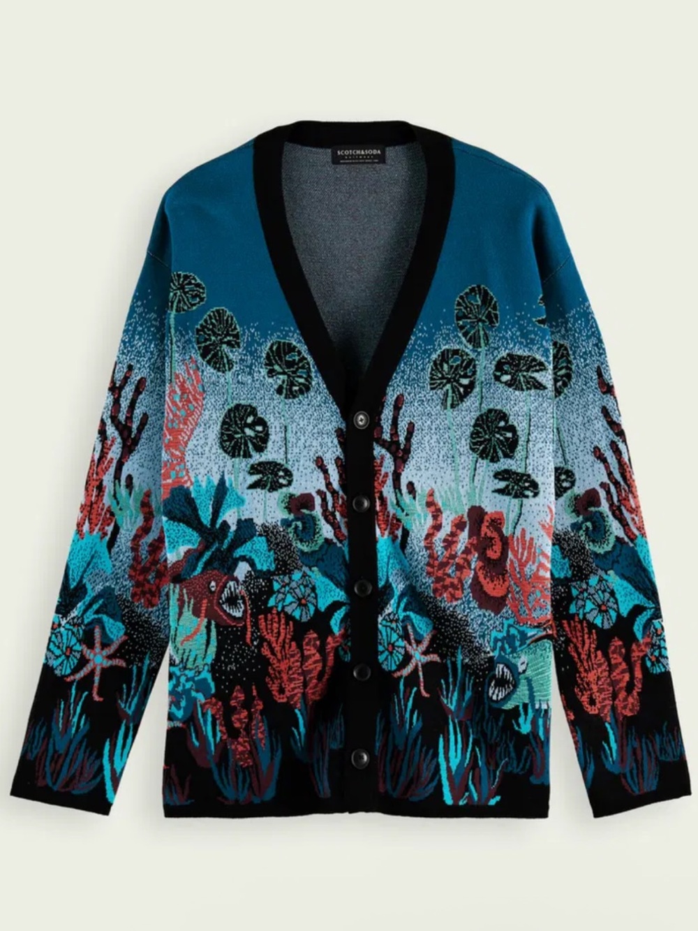 Scotch & Soda Jacquard Cotton-Blend Ocean Life V-Neck Cardigan Size XXL
